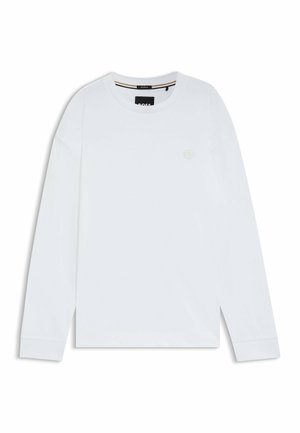 Witte langemouwige t-shirt van zacht stof, met een ronde hals en een klein logodetail aan de linkervoorzijde.