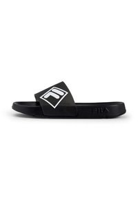 Black slide sandal with a smooth rubber sole, featuring a wide strap with a white logo and a textured accent. Simple, open design.