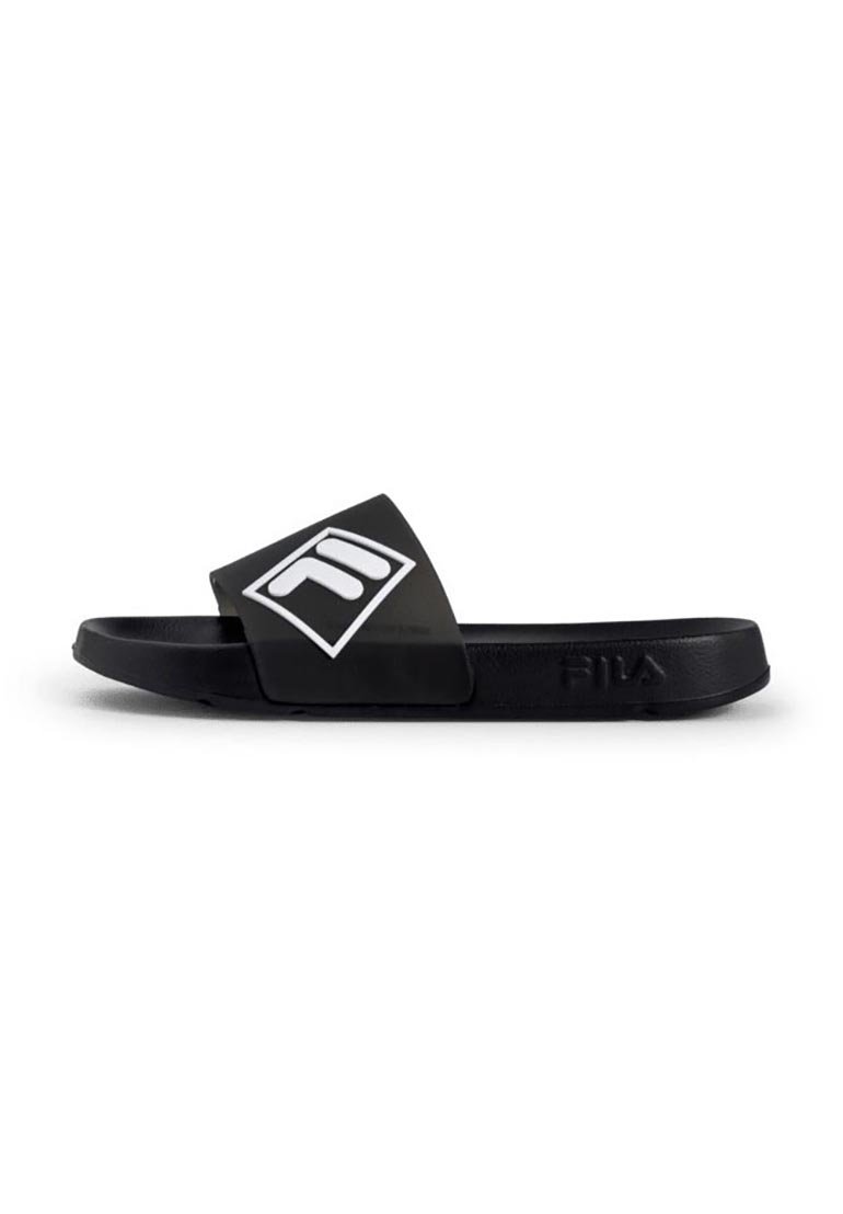 Black slide sandal with a smooth rubber sole, featuring a wide strap with a white logo and a textured accent. Simple, open design.