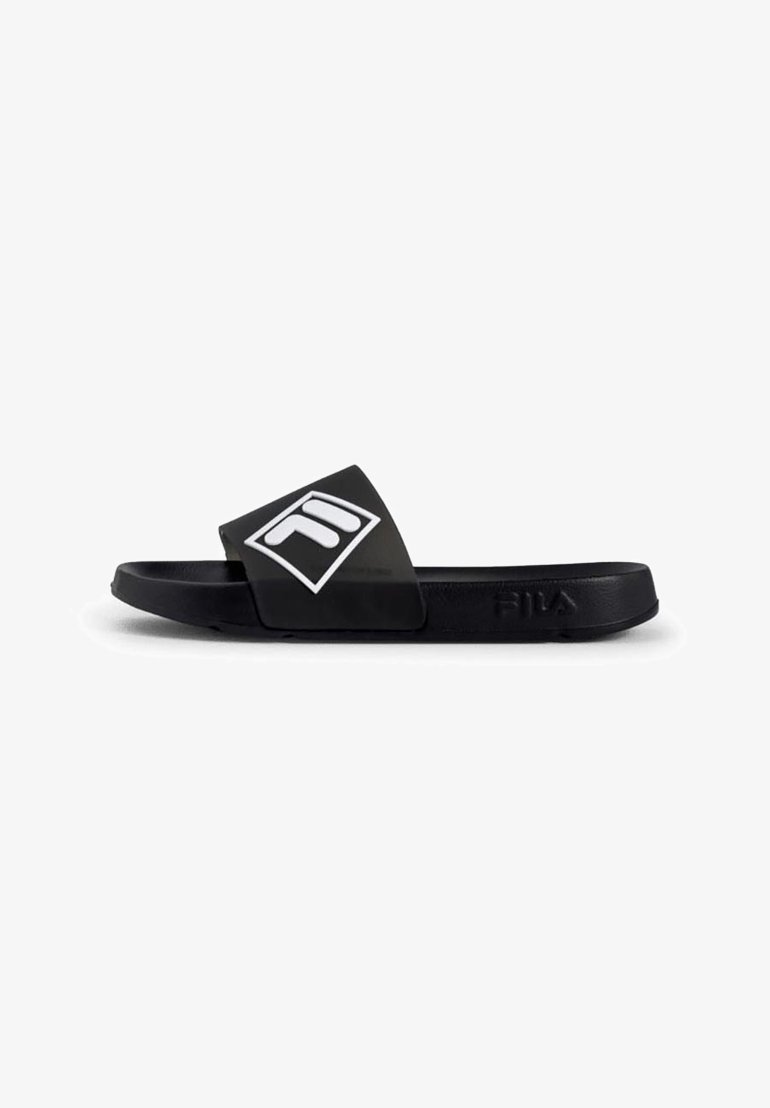 Black slide sandal with a smooth rubber sole, featuring a wide strap with a white logo and a textured accent. Simple, open design.