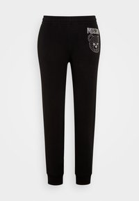 Schwarze Sweatpants aus weichem Material, mit einem elastischen Bund, gerippten Bündchen und einem Bärenmotiv mit Strasssteinen auf einer Seite.