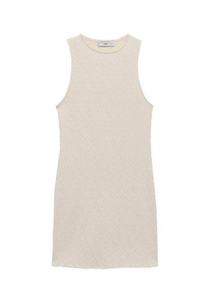 Bezrukávové šaty po kolená v svetlej béžovej farbe s textúrovaným diamantovým vzorom, so okrúhlym výstrihom a jednoduchým dizajnom.