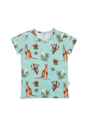 Children's light blue short-sleeve shirt with illustrations of kangaroos, koalas, cockatoos, kiwis, and green foliage.