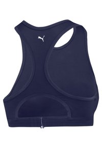 Námornícky športový podprsenka s dizajnom racerback, s malým bielym logom a háčikovým uzáverom na chrbte. Hladká, elastická látka.