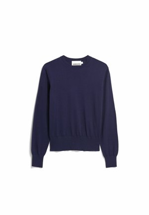 Donkerblauwe gebreide trui met lange mouwen, ronde halslijn en geribbelde zoom en manchetten. Gemaakt van gladde stof zonder zichtbare patronen of logo's.