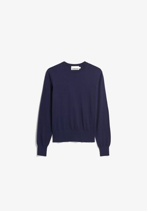 Donkerblauwe gebreide trui met lange mouwen, ronde halslijn en geribbelde zoom en manchetten. Gemaakt van gladde stof zonder zichtbare patronen of logo's.