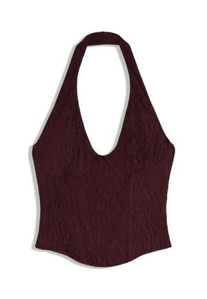 Haut sans manches en dentelle bordeaux à col en V profond et taille ajustée, présenté à plat sur fond blanc.