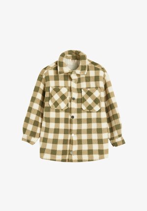 Grøn og cremeternet fleecejakke med knaplukning foran, to brystlommer og rund krave. Blød tekstur med en hyggelig fremtoning.