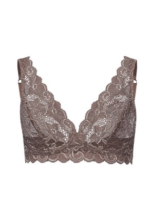 Spitzen-Bralette in sanftem Braun mit einem tiefen V-Ausschnitt, gewellten Kanten und floralen Mustern. Verstellbare Träger für einen perfekten Sitz.