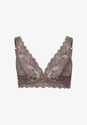 Spitzen-Bralette in sanftem Braun mit einem tiefen V-Ausschnitt, gewellten Kanten und floralen Mustern. Verstellbare Träger für einen perfekten Sitz.
