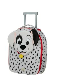 Disney Dalmatian rullende kuffert, hvid krop med sorte pletter, har et 3D hundeansigt, rød lynlås og teleskophåndtag.