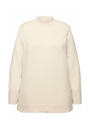 Maglione color crema con colletto alto e rotondo e maniche lunghe. Presenta un orlo testurizzato con tagli triangolari. Tessuto morbido e liscio.