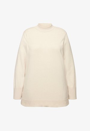 Cremefarbener Pullover mit hohem, rundem Kragen und langen Ärmeln. Verfügt über einen strukturierten Saum mit dreieckigen Ausschnitten. Weicher, glatter Stoff.