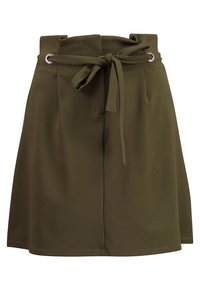 Jupe taille haute vert olive en matériau doux, dotée d'une ceinture nouée à la taille, de plis et d'accents en œillets métalliques.