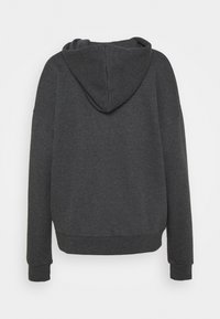 Hoodie in donkergrijze stof met een zachte textuur, voorzien van een relaxte pasvorm, ribgebreide manchetten en een afgeronde zoom. Achteraanzicht.