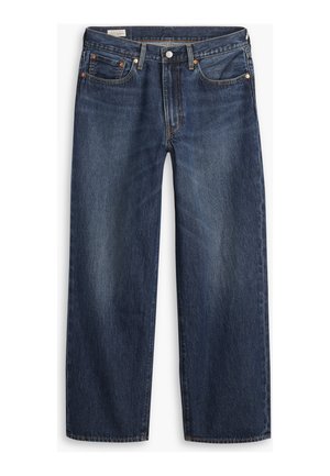 Dark blue denim jeans with a straight-leg cut, five-pocket design, and copper rivets. The fabric has a slight texture and fade details.