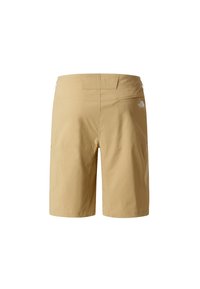 Beżowe szorty typu cargo o fakturowanej powierzchni, z dwoma bocznymi kieszeniami i logo North Face z tyłu po prawej stronie.