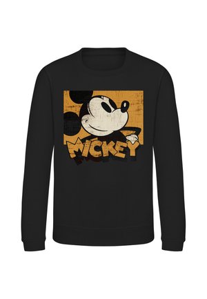 Sort sweatshirt med vintage-stil orange og sort grafik af Mickey Mouses ansigt og ordet "Mickey" i fede bogstaver.