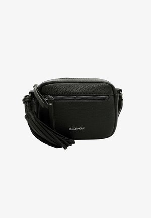 Black leather crossbody bag with a rectangular shape, zippered closure, and a tassel detail on the strap. Features embossed logo.