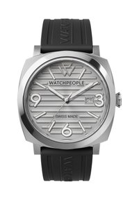 Silver watch with a textured dial, raised hour markers, and date display. Features a stainless steel case and a black rubber strap.