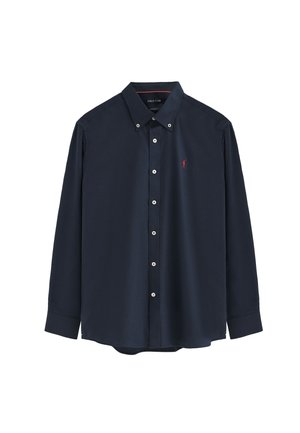 Camicia buttons up a maniche lunghe di colore blu navy realizzata in un misto cotone, con colletto classico, bottoni bianchi e un piccolo logo rosso sul petto.