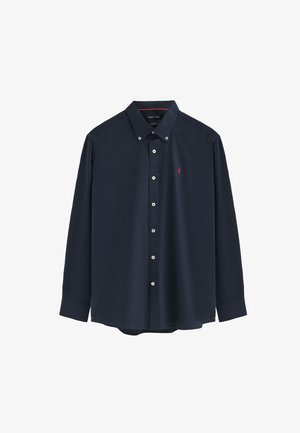 Camicia buttons up a maniche lunghe di colore blu navy realizzata in un misto cotone, con colletto classico, bottoni bianchi e un piccolo logo rosso sul petto.