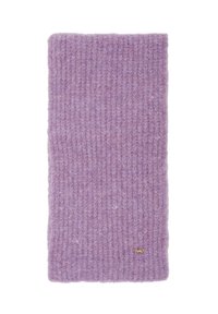 Sciarpa in lana lilla con texture a coste, dotata di un piccolo dettaglio con logo dorato. Morbida, calda e di forma rettangolare.