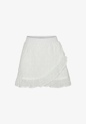 Gonna bianca in lino con texture arricciata, dotata di orlo a volant e vita elastica. Design leggero e di lunghezza al ginocchio.