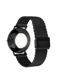 Schwarze Edelstahl-Uhr mit einem gewebten Netzarmband, runder Gehäuseform und einem glatten, strukturierten Rücken, der die Markendetails und die Wasserdichtigkeitsbewertung anzeigt.