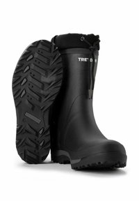 Mustat kumikengät, joissa on teksturoitu pohja, joustava yläosa kiristysnyörillä ja logotiedot. Suunniteltu kestäväksi kosteissa olosuhteissa.