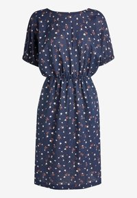 Námořnická modrá šaty s krátkými rukávy, elastickým pasem a malým květinovým potiskem v bílé a červené barvě. Měkká látka s volným střihem a délka ke kolenům.