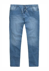 Pantalones de denim azul con cintura elástica, cordón y bolsillos frontales. La tela tiene un ligero efecto de desvanecimiento y un diseño de pierna recta.