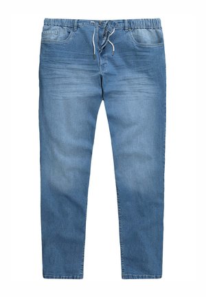 Blauwe denimbroek met een elastische tailleband, koord en voorzakken. De stof heeft een lichte vervagingseffect en een recht model.