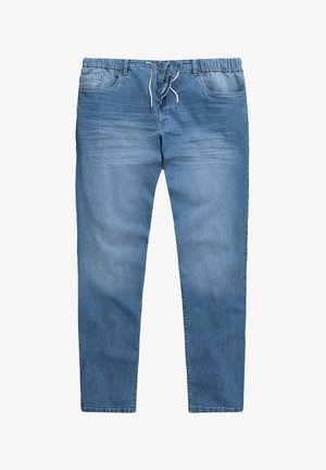 Blauwe denimbroek met een elastische tailleband, koord en voorzakken. De stof heeft een lichte vervagingseffect en een recht model.