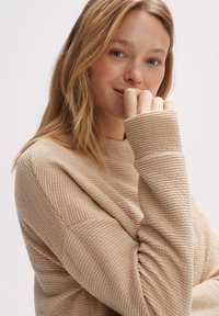 Beige gemêleerde sweater met lange mouwen, voorzien van geribbelde details en een ontspannen pasvorm, benadrukt door subtiele plooien op de schouders.
