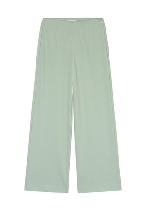 Hellegrüne weit geschnittene Hose aus einem weichen Stoff, mit glatter Textur und vorderen Falten. Seitlicher Reißverschluss enthalten.