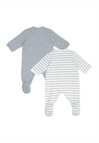 Due bodysuit per neonati: uno grigio uniforme e uno bianco con righe grigie. Entrambi hanno maniche lunghe e fondo con piedi con polsini elasticizzati.