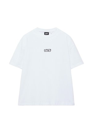 Weißes T-Shirt mit kurzen Ärmeln, Rundhalsausschnitt und kleinem schwarzem "STWD"-Schriftzug zentriert auf der Brust.