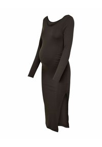 Abito premaman a maniche lunghe color marrone scuro in tessuto a coste con scollo rotondo e spacco laterale per comfort e facilità di movimento.