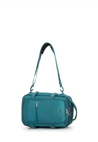 Turkusowa torba sportowa z regulowanym paskiem na ramię, teksturowana tkanina, kieszeń na zamek z przodu, podwójne uchwyty do noszenia oraz wzmocnione krawędzie.