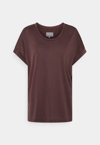 Brun kortärmad T-shirt med rund halsringning, tillverkad av mjukt tyg, med en avslappnad passform och rak skärning för komfort.