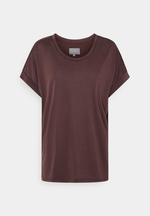 T-shirt marron à manches courtes avec un col rond, fabriqué en tissu doux, présentant une coupe décontractée et droite pour le confort.