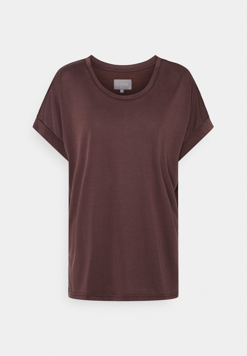 Brun kortärmad T-shirt med rund halsringning, tillverkad av mjukt tyg, med en avslappnad passform och rak skärning för komfort.