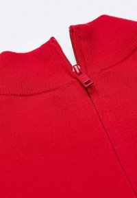 Pull en tricot rouge avec un col haut, doté d'une fermeture éclair à l'avant. Le tissu a une texture lisse et des détails côtelés au niveau du col.