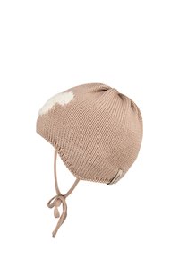 Knitted beige hat with a textured finish, featuring a white wool accent and ties for securing under the chin. Lightweight and soft.