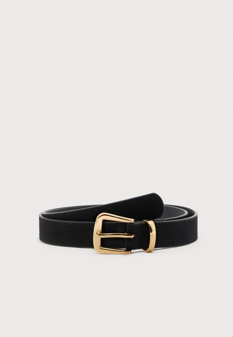 Black suede belt rolled with rectangular gold metal buckle and matching gold loop on light gray background.