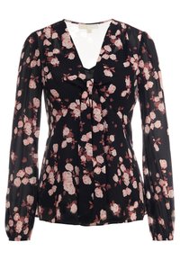 Blusa negra de flores con mangas largas, que presenta un escote en V y un detalle de nudo en la parte frontal. Patrón de pequeñas rosas rosas en toda la prenda.