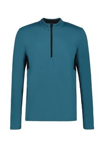 Langarmshirt van tealkleurige stof met een opstaande kraag en een halfrits sluiting. Kenmerkt zich door zwarte accenten aan de zijkanten en een gladde textuur.