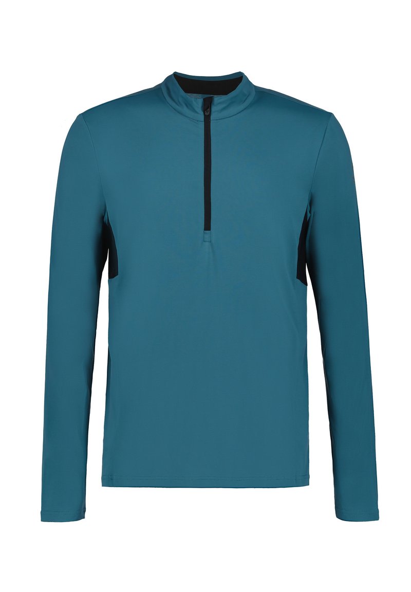 Langarmshirt van tealkleurige stof met een opstaande kraag en een halfrits sluiting. Kenmerkt zich door zwarte accenten aan de zijkanten en een gladde textuur.