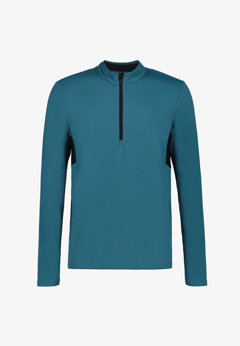 Langarmshirt van tealkleurige stof met een opstaande kraag en een halfrits sluiting. Kenmerkt zich door zwarte accenten aan de zijkanten en een gladde textuur.